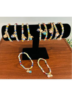 Evil eye Multicolor Gold Beaded Elephant Charm stretch Bracelets 10